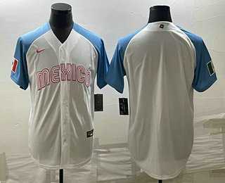 Men%27s Mexico Baseball Blank 2023 White Blue World Classic Stitched Jerseys